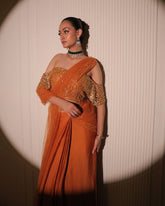 Burnt Orange Silk Pre-Draped Saree with Gold Sequin Blouse
